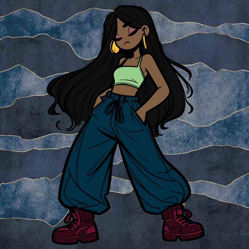 girl in baggy pants crop top and long hair