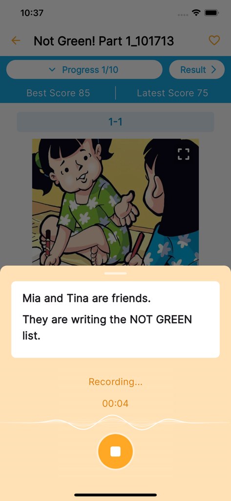 EZTalking AI English Learning - Benutzeroberfläche der EZTalking KI App, die eine englische Sprechstunde mit einem Bilderbuch und einer Sprachaufnahme-Funktion zeigt