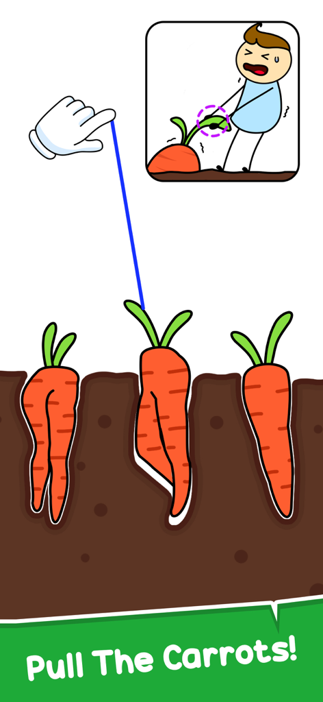 A cartoon puzzle level showing three carrots in the soil and a hand guide for pulling them.