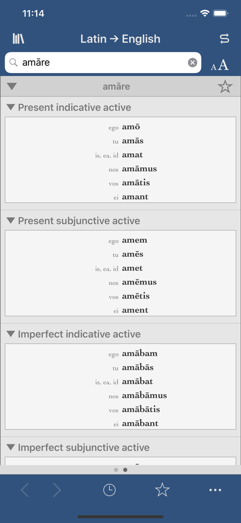 Ultralingua Latin-English - Lateinische Verbkonjugation von amare in der Ultralingua-Wörterbuch-App
