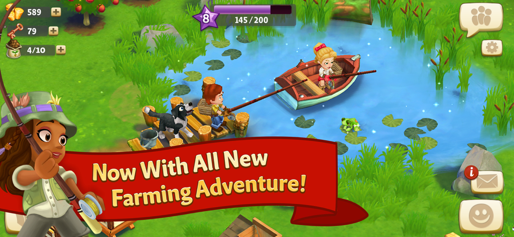 Personajes pescando junto a un río en FarmVille 2 Country Escape