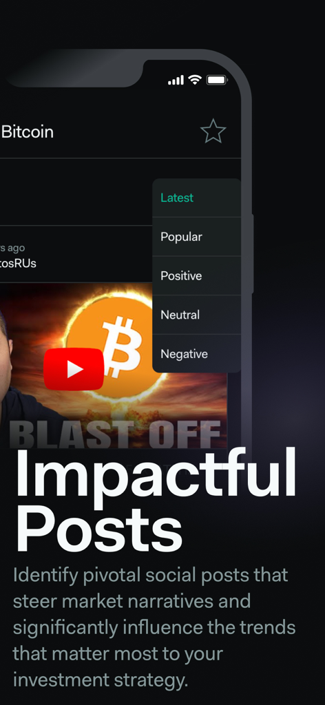 LunarCrush app interface showing impactful social media posts and sentiment analysis filters