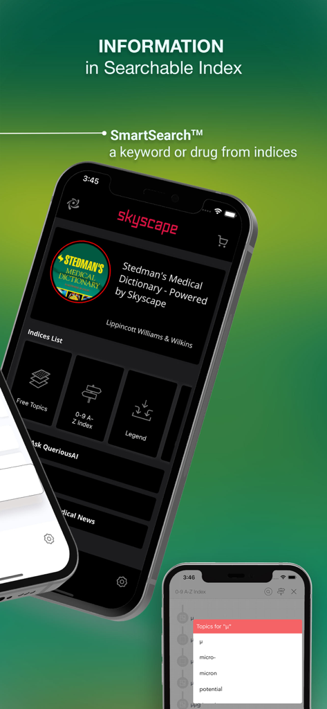 Stedman's Medical Dictionary + - Interface of the Stedman's Medical Dictionary app showing the SmartSearch tool and searchable medical index.