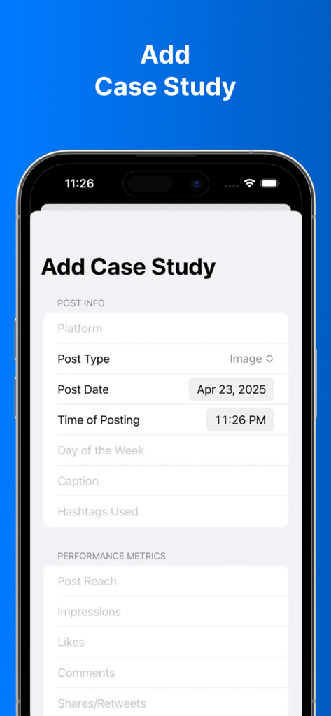 TikFoIIow Boost - Screenshot of TikFollow Boost app showing a form to add a social media case study with post details and performance metrics