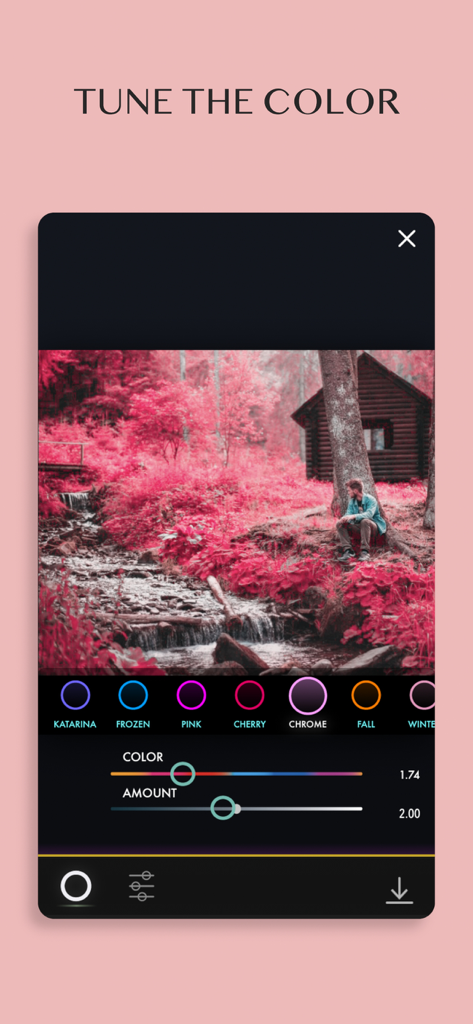 Interfaccia di editing dell'app Full Spectrum Camera con effetti di vegetazione infrarossa rosa e cursori di regolazione del colore.