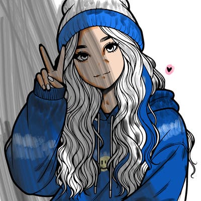 a teenage girl in a beanie, oversized sweatshirt, wavy long hair, and is showing a ✌️