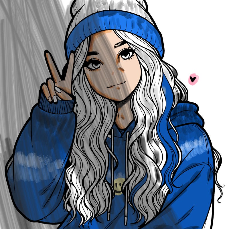 a teenage girl in a beanie, oversized sweatshirt, wavy long hair, and is showing a ✌️