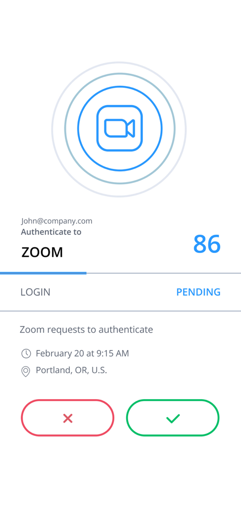 SecureAuth Authenticate mobile app screen showing a pending login verification request for a Zoom account