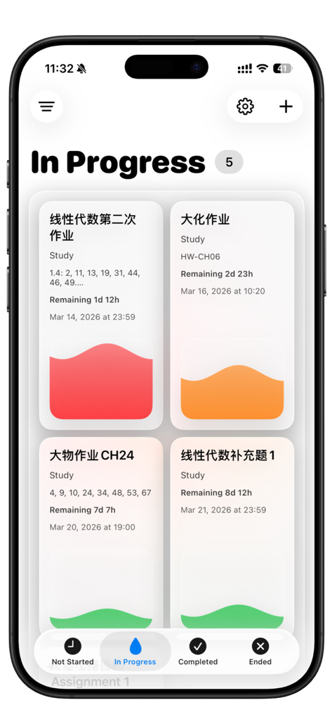 Liquid Deadline - Interface of Liquid Deadline app showing in progress tasks with aesthetic liquid motion progress indicators.