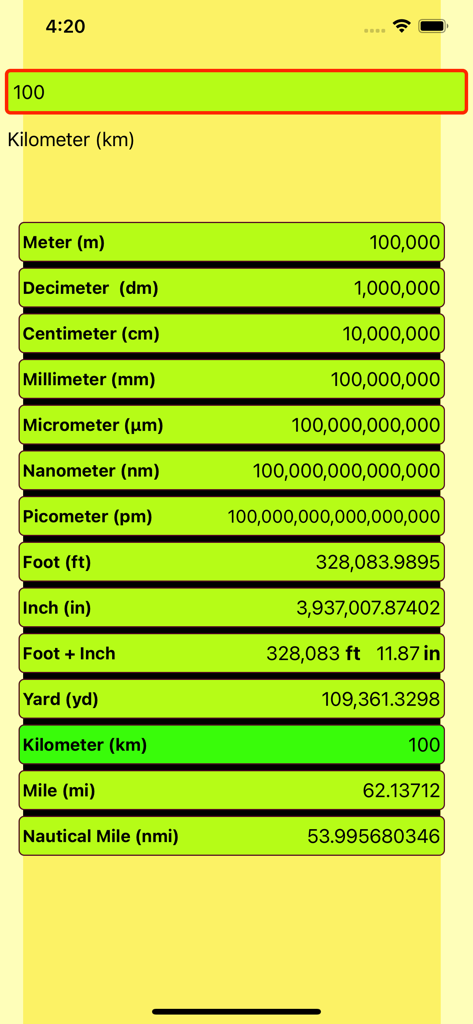 Length Conversion - Screenshot der Längenkonvertierungs-App, die 100 Kilometer in verschiedene metrische und imperiale Einheiten, einschließlich Meter, Fuß und Zoll, umrechnet