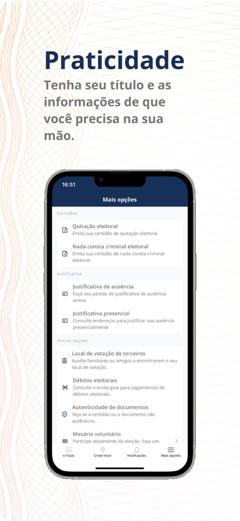 Smartphone screen of the e-Titulo app showing the menu with several electoral services and document options