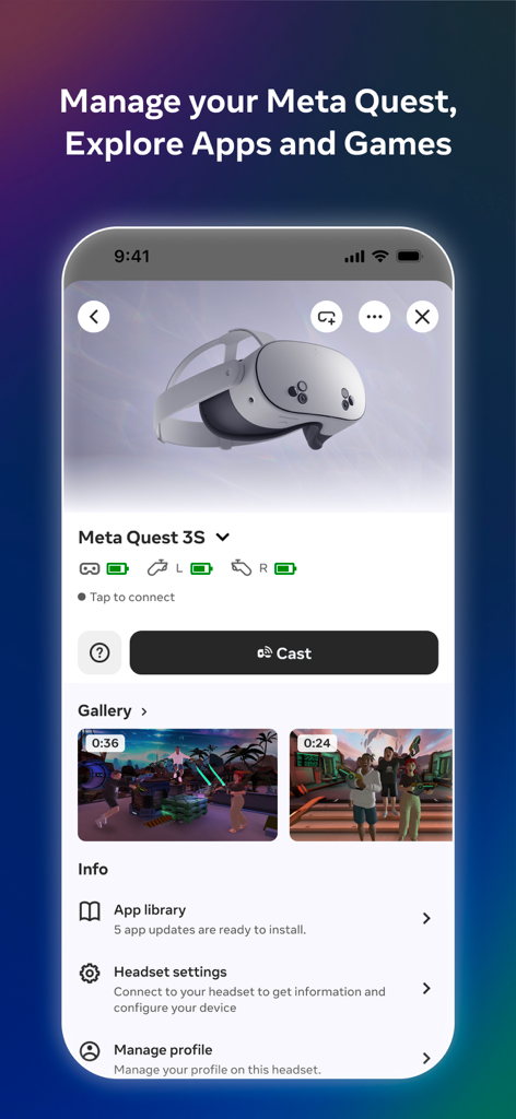 Meta Horizon app interface for managing Meta Quest hardware settings and exploring VR apps