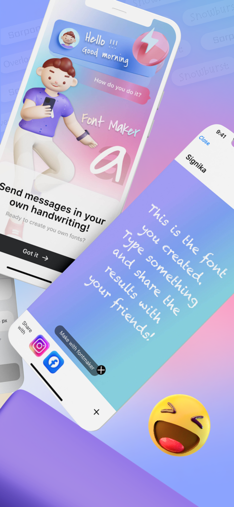 FontMaker - Handwriting Art - Ein Handy-Bildschirm, der zeigt, wie man mit FontMaker Nachrichten in der eigenen benutzerdefinierten Handschrift-Schriftart erstellt und sendet.