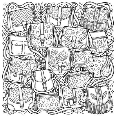 Dive into a world of fashion with this elaborate coloring page featuring an array of stylish crossbody bags. Each bag presents a unique design and pattern, offering a delightful challenge for colorists of all levels.