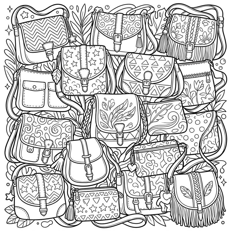 Dive into a world of fashion with this elaborate coloring page featuring an array of stylish crossbody bags. Each bag presents a unique design and pattern, offering a delightful challenge for colorists of all levels.