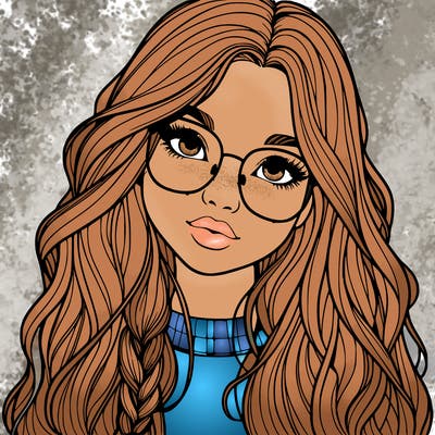girl with long hair and freckles and glasses realistic