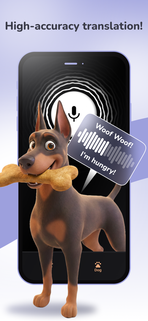 Cat & Dog Translator: Dog Talk - Dog translator app interface showing a 3D dog with its bark translated to I am hungry