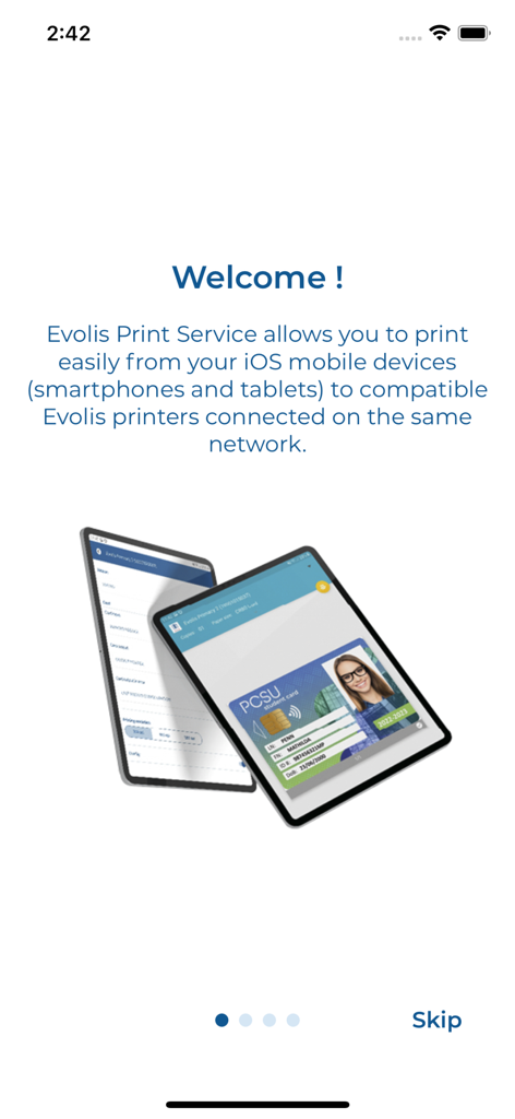 Evolis Print Service - タブレットでのモバイルIDカード印刷を表示するEvolis Print Serviceアプリのウェルカムスクリーン。