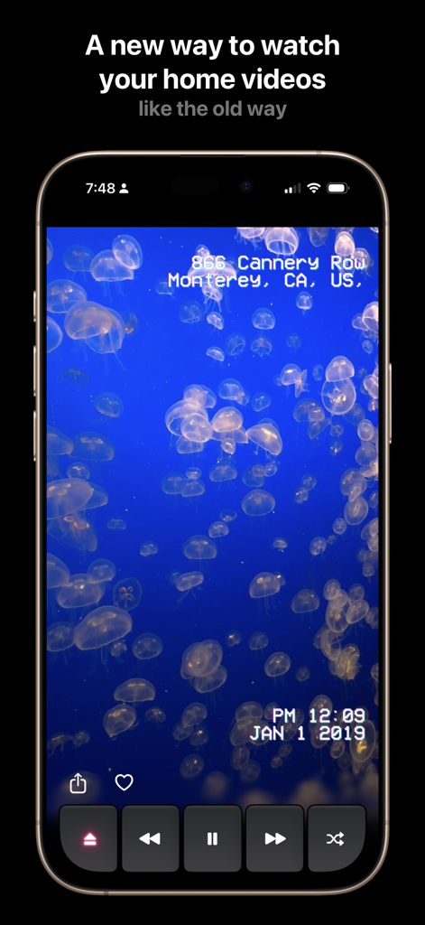 Cassette: Home Video Player - Aplicación Cassette mostrando un vídeo casero con una superposición de VHS vintage y controles de reproducción en un iPhone