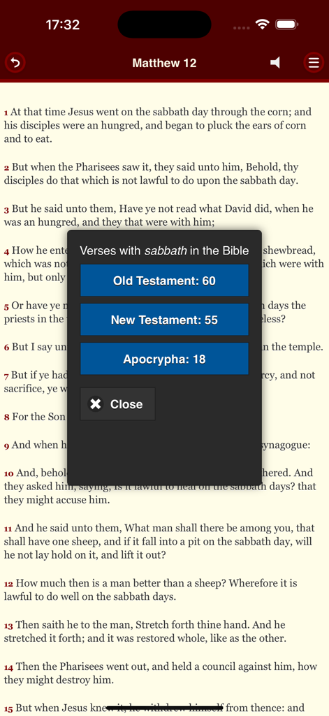 ArtBible - La interfaz de búsqueda de la aplicación ArtBible mostrando la frecuencia de la palabra sábado en el Antiguo Testamento, Nuevo Testamento y Apócrifos