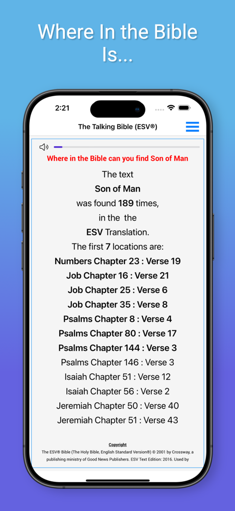Talking Bible for The Blind - iPhone screen showing search results for the phrase Son of Man within the Talking Bible app for the visually impaired