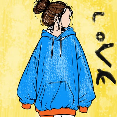 realistic girl with a oversized sweatshirt on and a bun