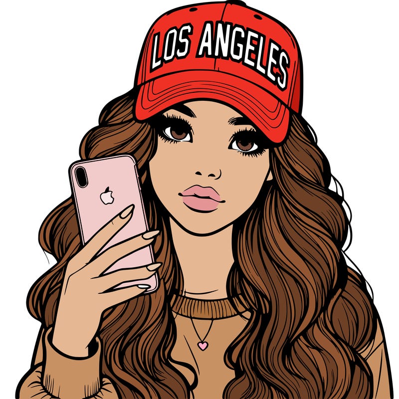 realistic beautiful girl wearing los ángeles cap holding an iphone