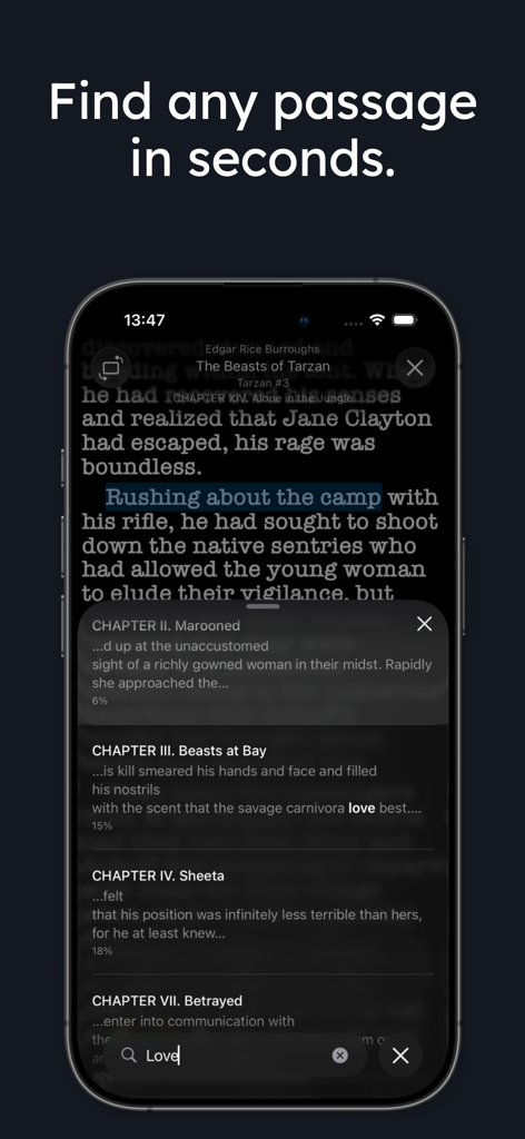 iPhone screen showing the full-text search results for a specific word within an EPUB book in the justRead app
