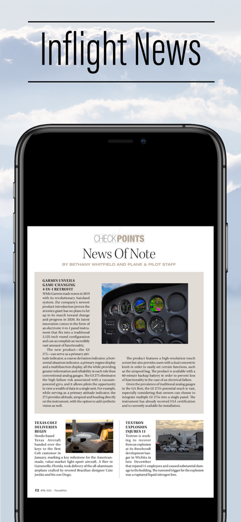 Smartphone mostrando la aplicación Plane and Pilot con artículos de noticias de aviación y un informe de piloto