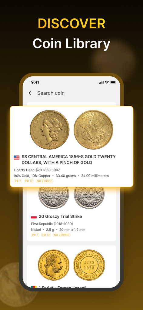 Eine mobile App-Oberfläche, die eine Münzbibliothek mit detaillierten Informationen zu einer 1856 Gold-Zwanzig-Dollar-Münze zeigt