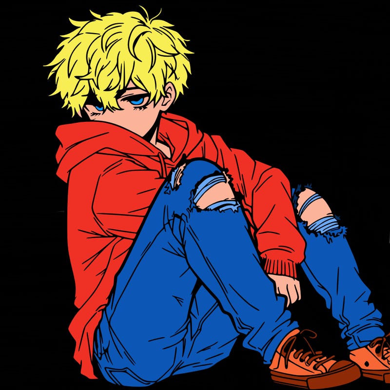 a male hoddie ripped jeans messy hair anime
