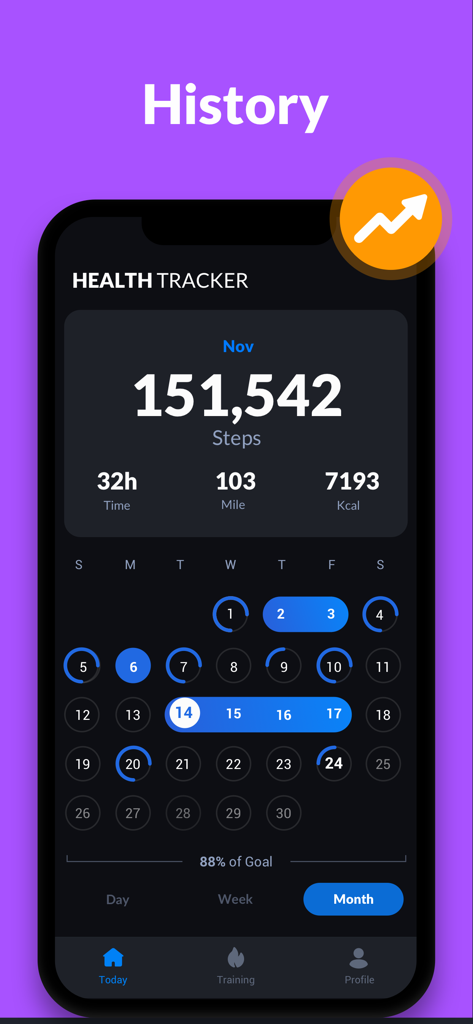 Monthly history view of the Step Tracker app showing total steps, time, distance, and calories burned in a dark mode calendar interface.