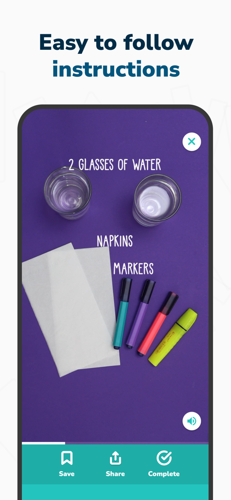 Hearty App: Everyday Bonding - A mobile screen showing simple instructions for a children's activity using glasses of water, napkins, and markers.