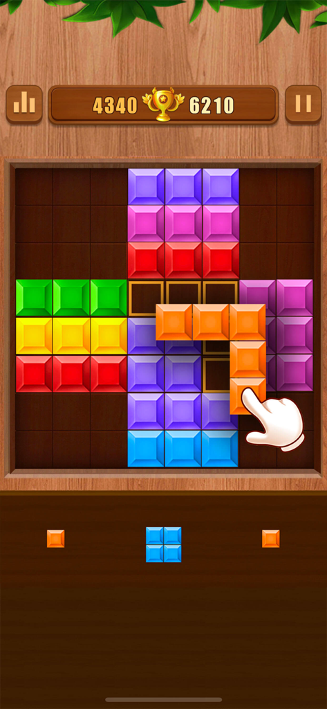 Block Puzzle : Block Blast - Main faisant glisser un bloc coloré sur une grille dans un jeu de puzzle de blocs