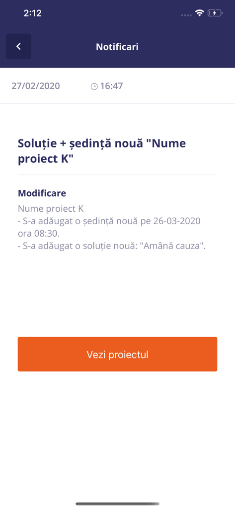 Notification detail screen in the Monitor Dosare app displaying updates for a court case session and solution