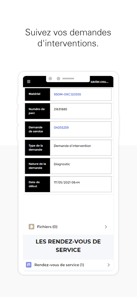 Espace client My Bergerat - My Bergerat app interface showing details of a machine diagnostic intervention request