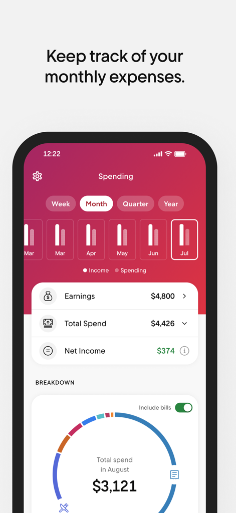 Rocket Money app interface showing monthly spending bar chart and financial summary with earnings and net income