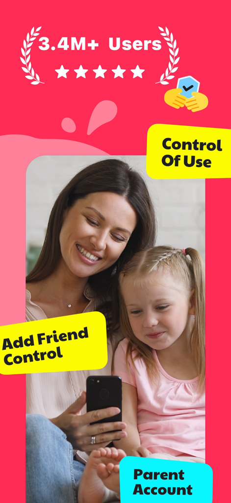 Une mère et sa fille sourient en utilisant l'application JusTalk Kids qui met en avant les contrôles parentaux et les fonctionnalités de sécurité.