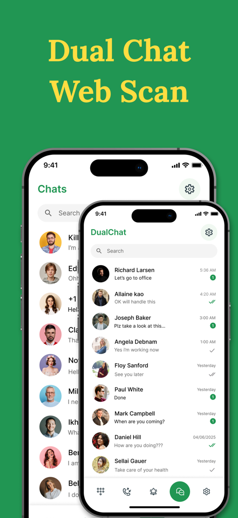 Interfaz de la función Dual Chat Web Scan mostrando una lista de conversaciones en pantallas de iPhone