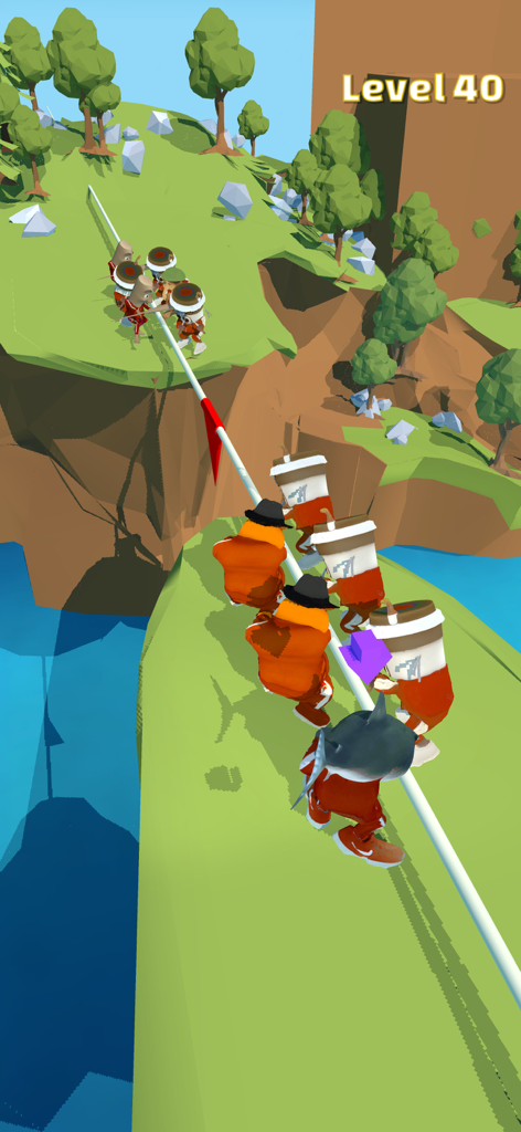 Brainrot 456 Jump Rope - Characters in red tracksuits and coffee cup memes compete in a tug of war minigame across a canyon