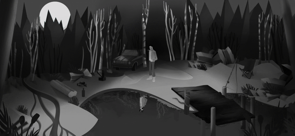 AWAKE - Definitive Edition - Uma captura de ecrã em tons de cinza de AWAKE - Definitive Edition mostrando um homem de pé numa floresta escura à noite, perto de um carro e de um lago.