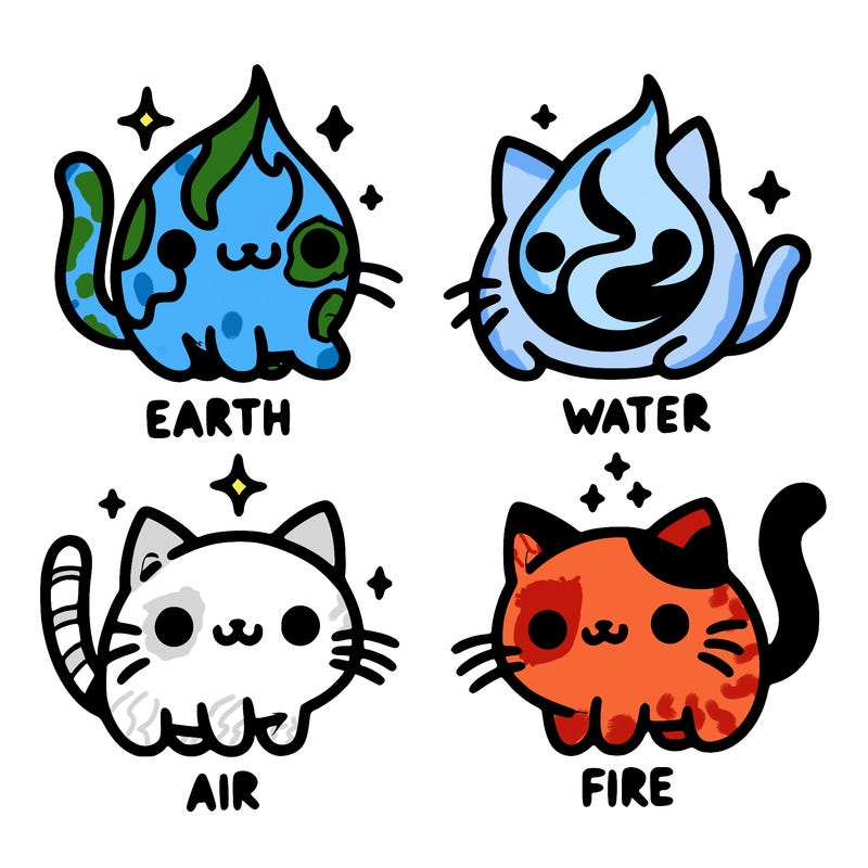 4 cats that represent the different elements, earth, water, air, and fire