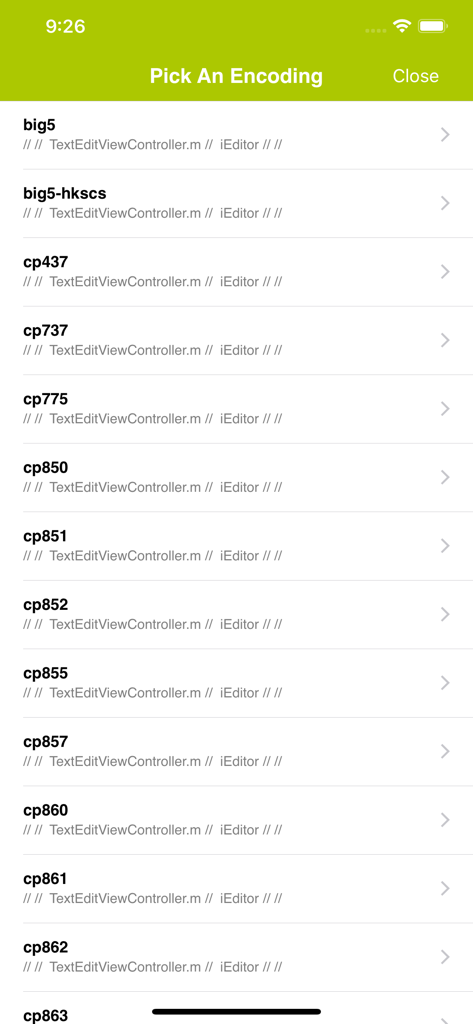 iEditor Pro – Text Code Editor - Character encoding selection screen in iEditor Pro showing a list of text encoding formats like big5 and cp437