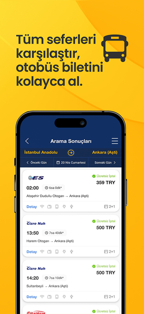Ucuzabilet mobile app interface showing bus ticket search results with prices and schedules for travel from Istanbul to Ankara