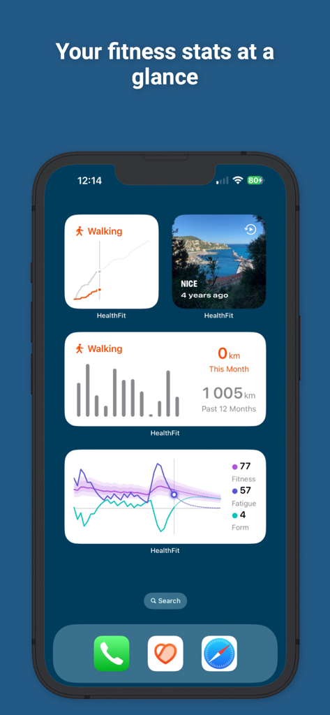 HealthFit-App-Widgets auf dem Startbildschirm eines iPhones, die die Gehaktivität und erweiterte Fitness-, Ermüdungs- und Formmetriken anzeigen.