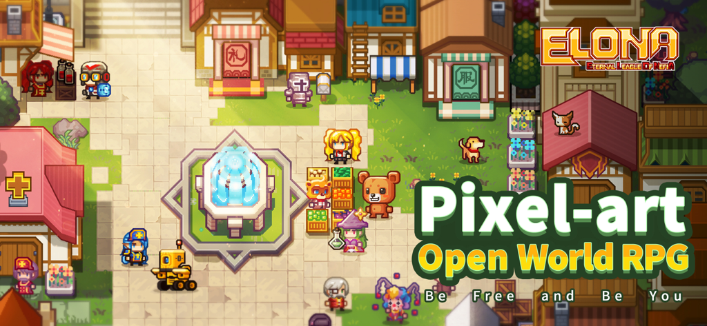 Elona Mobile - A vibrant pixel art town square with a central fountain and diverse characters in the Elona Mobile open world RPG