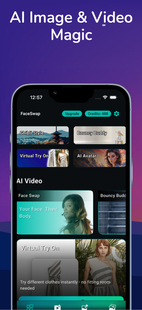 AI Face Swap Video Photo Maker - Mobile app interface showing AI face swap, virtual try-on, and avatar creation features