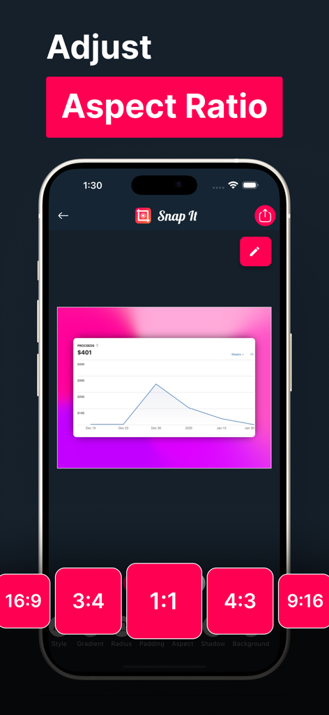 Screenshot Editor - SnapIt - Interface do aplicativo SnapIt demonstrando como ajustar a proporção de uma captura de tela com várias predefinições.