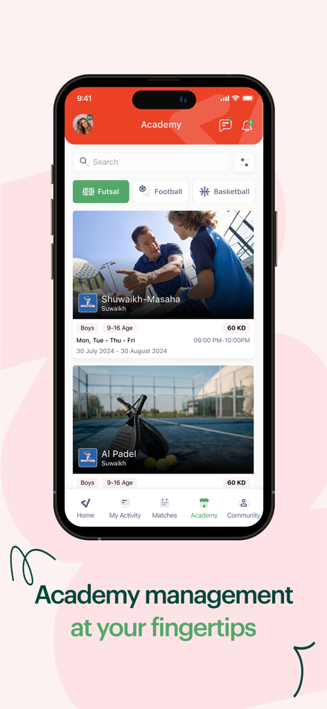 Li3ib app interface for browsing and booking sports academies