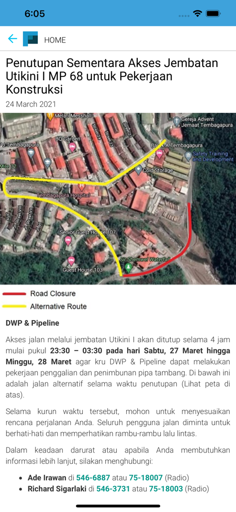 Ein Nachrichtenartikel in der Freeporters App, der eine Karte einer temporären Brückensperrung und alternative Routen für Bauarbeiten an einem Minengelände zeigt.